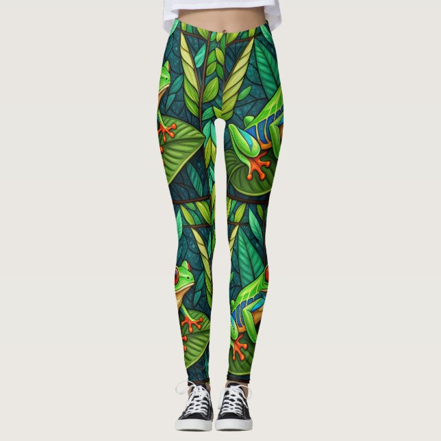 Leggings with vibrant green leaves and colorful  (Frente)