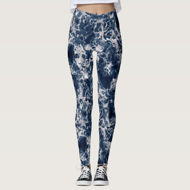 Leggings Women - Blue and Silver Marble Pattern (Frente)