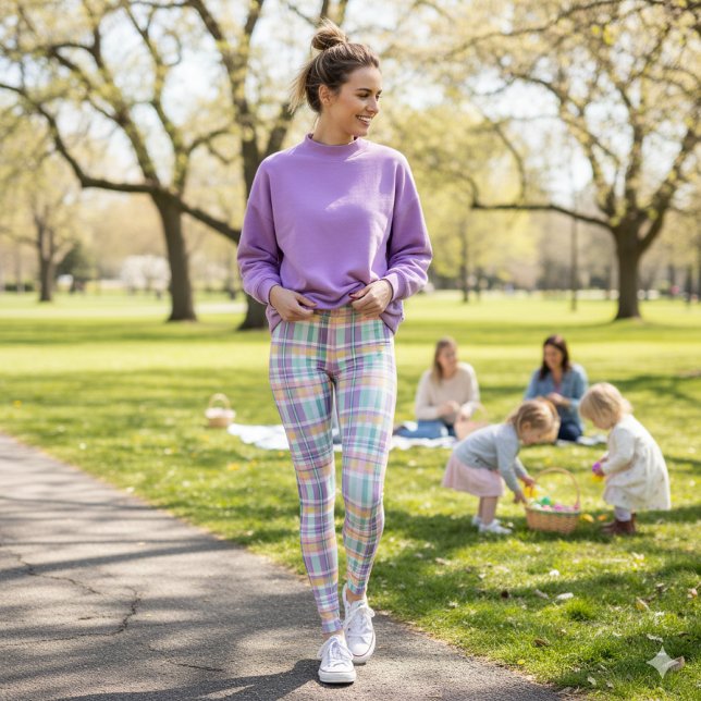 Leggings Xadrez Estilo Primavera Lavanda Turquesa  (Spring stroll meets Easter joy. perfect for showcasing seasonal comfort, color, and family fun.)