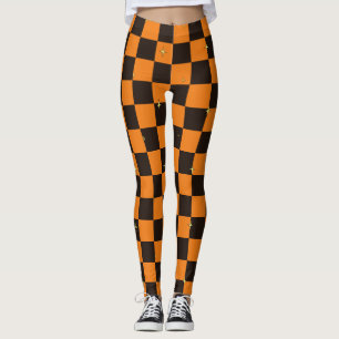 Leggings Xadrez Laranja e Preto Com Estrelas