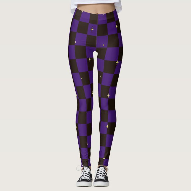 Leggings Xadrez Roxo e Preto Com Estrelas (Frente)