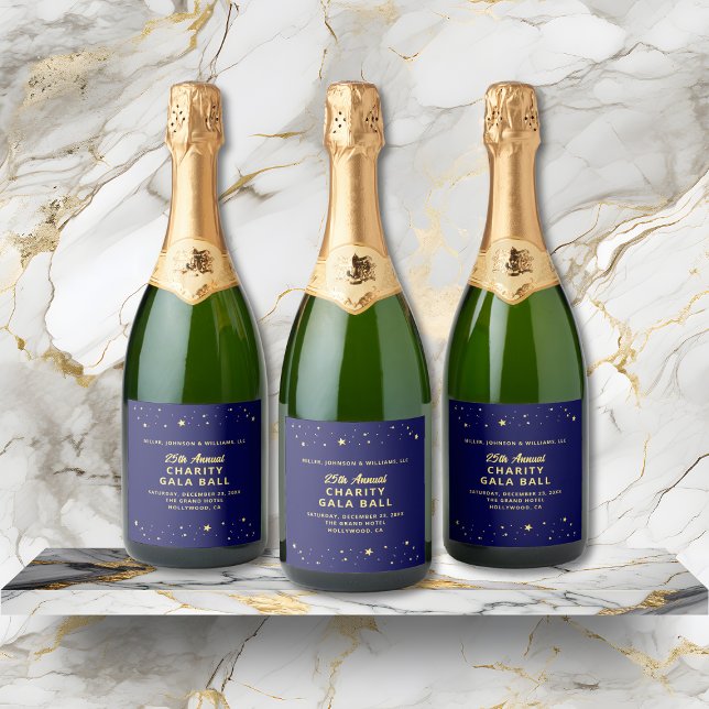 Leilão Silencioso de Bola de Caridade Elegante Azu (Charity Fundraiser Gala Event Sparkling Wine Bottle Label in navy blue and gold with gold stars.)