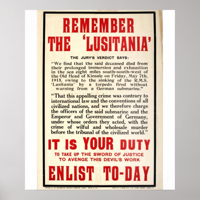 Lembre-se do Poster 'Lusitania'_Propaganda (Frente)