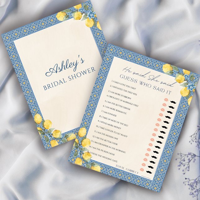 Lemon Blue Ele Disse Que Disse O Jogo Do Chá de pa (That's Amore Lemon Italian Bridal Shower He Said She Said Game)