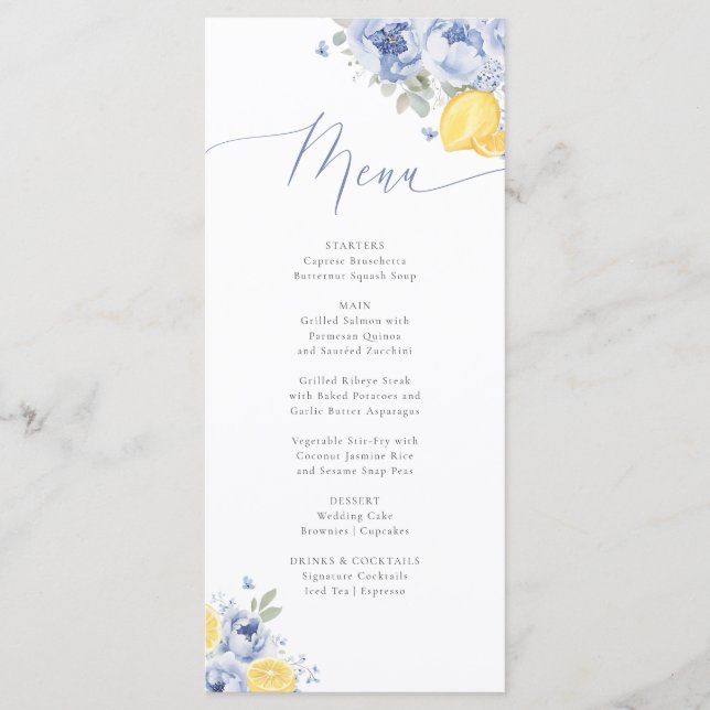 Lemon Blue Floral Bridal Shower Menu Card (Frente)