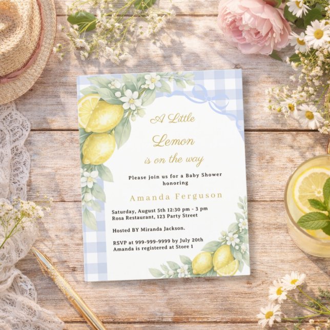 Lemon gingham blue bow boy Baby Shower invitation (Criador carregado)