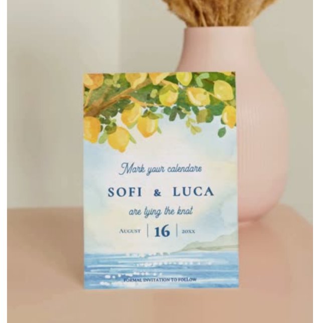 Lemon Grove Coastal Mediterranean Wedding (Mediterranean Lemon Grove Watercolor Save the Date | Coastal Destination Wedding Invitation)