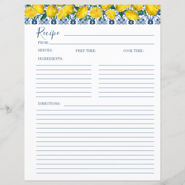 Lemon Italian Blue tile Bridal Shower Recipe Card  (Frente)