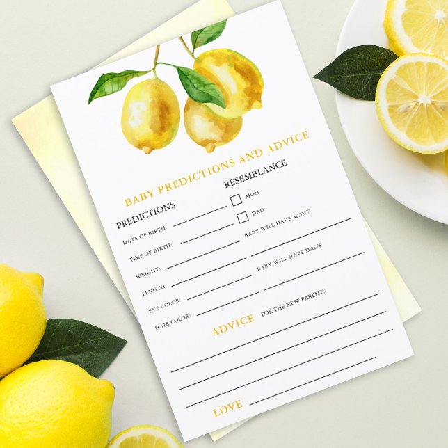 Lemon Watercolor Baby Predictions Game (Lemon drop watercolor baby advice and predictions baby shower activity. Games for Baby Showers.)