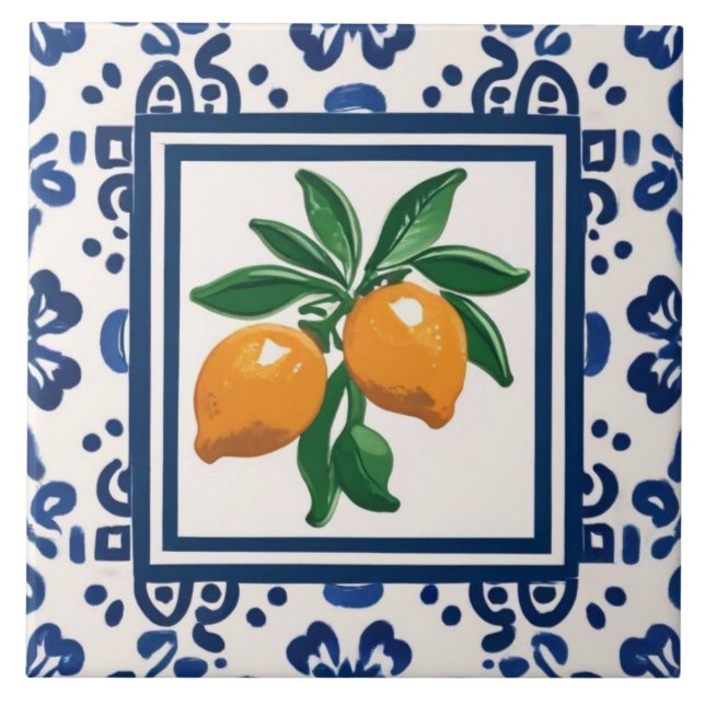 Lemons Blue and White Tribal Folk Art Pattern (Frente)