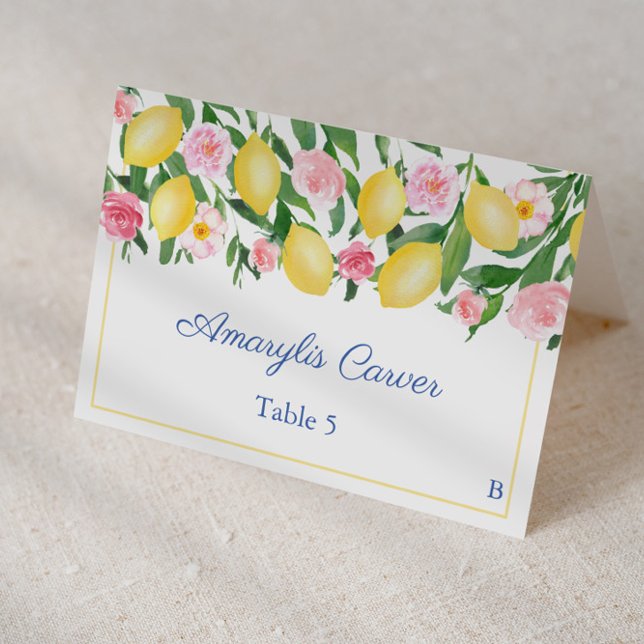 Lemons Blue Azulejo Meal Choice Cartão de Casament (Lemons with pink flowers individual place card design with blue and white Italian tile print)