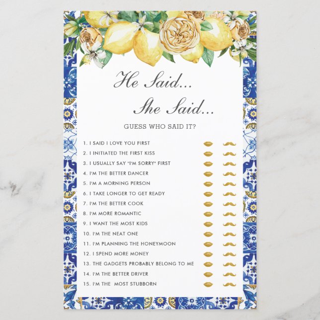 Lemons Floral Chá de panela Disse Que Ela Disse Jo (Frente)