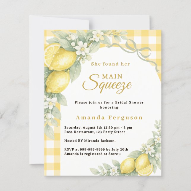 Lemons gingham squeeze Bridal Shower invitation (Frente)