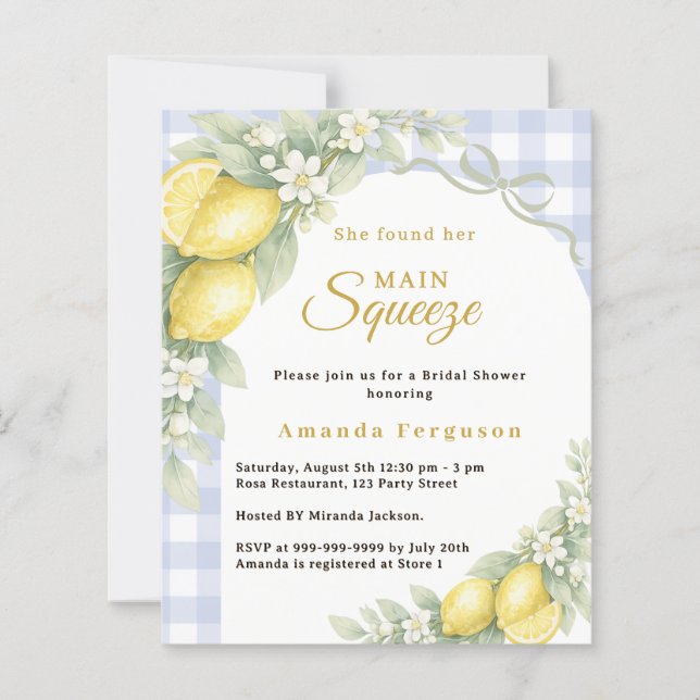 Lemons gingham squeeze Bridal Shower invitation (Frente)
