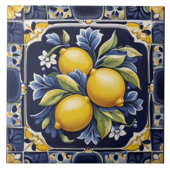 Lemons Mediterranean Dark Blue Italian Folk Art (Frente)