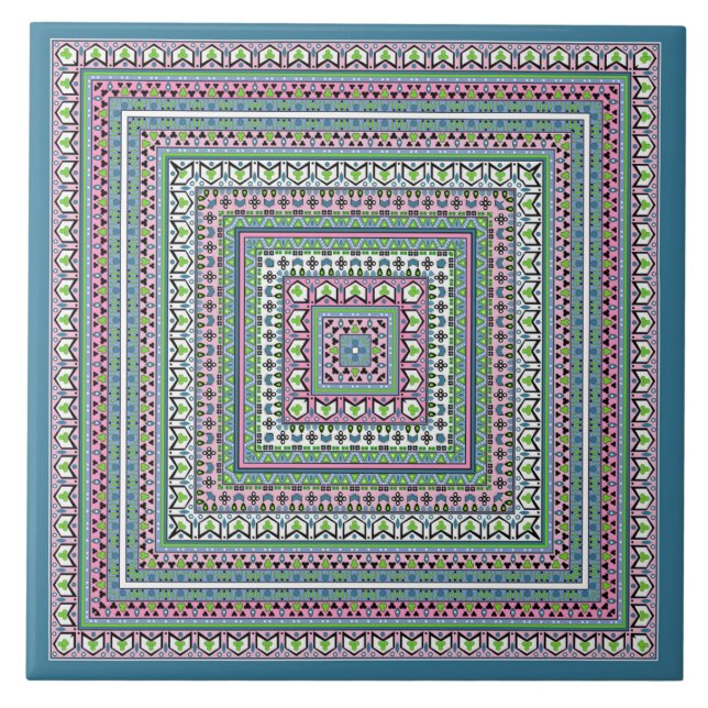 Lenço étnico ornamental quadrado azul e verde (Frente)