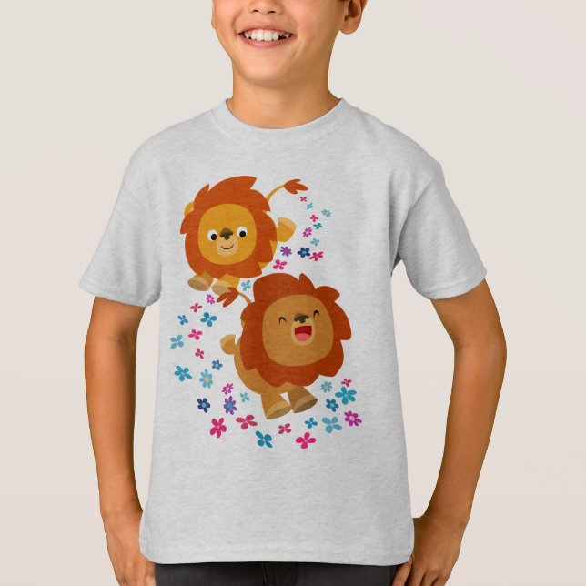 Leões De Cartoon Bonitos Na Camiseta De Jardim Par (Frente)