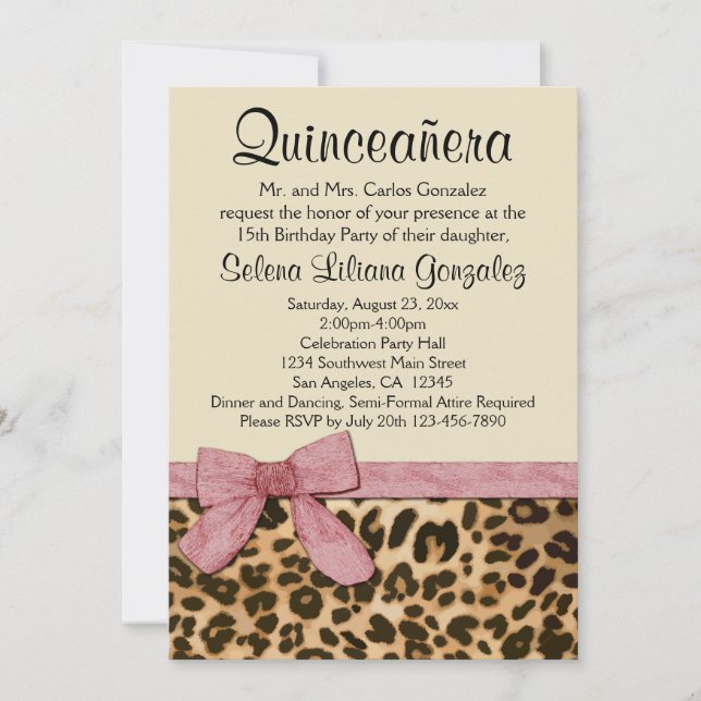 Leopard Imprima Arco Rosa Quinceañera Convite (Frente)