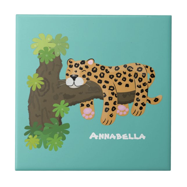 Leopardo bonito dormindo em desenho animado de árv (Frente)