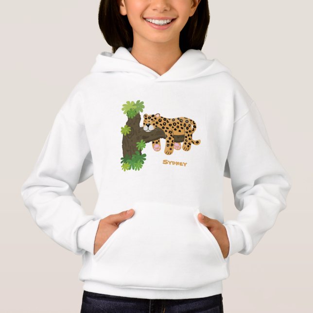 Leopardo bonito dormindo em desenho animado de árv (Frente)