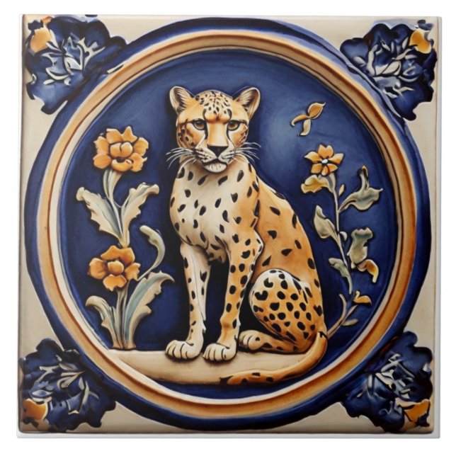 Leopardo Chita e Flores Azul Escuro Antiguo (Frente)