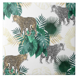 Leopardo moderno e design tropical das folhas