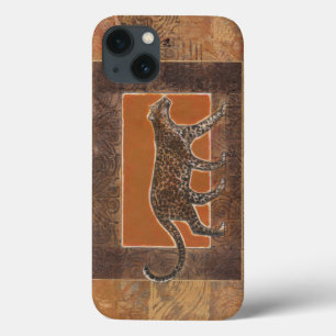Leopardo sobre fundo laranja e castanho