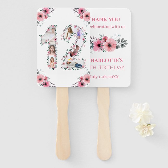 Leque 12 Aniversário Foto Collage Pink Girl Flor White (Frente e Verso)