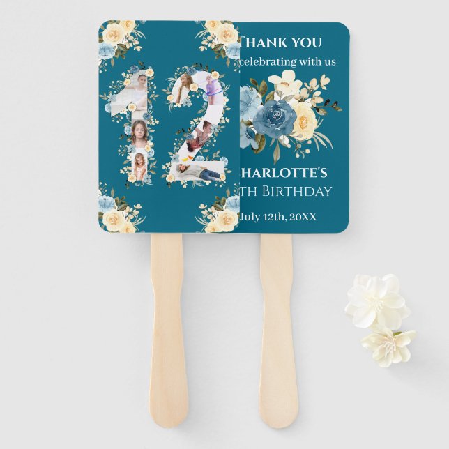 Leque 12 Birthday Teal Collage Flor Amarelo (Frente e Verso)