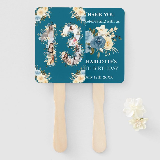 Leque 13 Birthday Teal Collage Flor Amarelo (Frente e Verso)