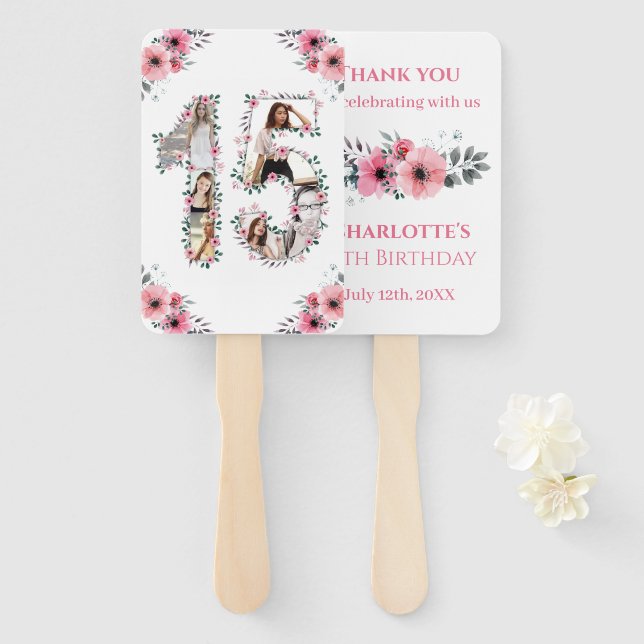 Leque 15 Aniversário Foto Collage Pink Girl Flor White (Frente e Verso)