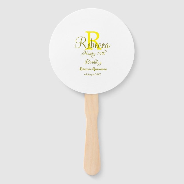 Leque 15 Feliz Aniversário Amarelo Apelido Monograma Mod (Frente)