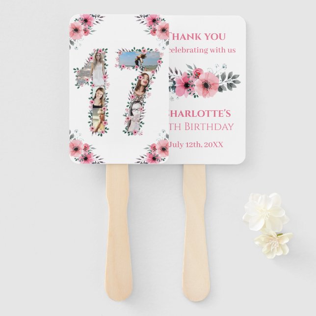 Leque 17º Aniversário Colagem de Fotos Rosa Menina Cor-d (Frente e Verso)