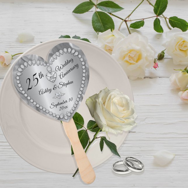 Leque 25 Casamento Aniversário de Prata Diamantes de Pra (25th Wedding Anniversary Silver Tone and Faux Diamonds Keepsake Hand Fan)