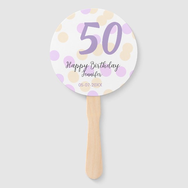 Leque 50th birthday add name date purple orange polkadot (Frente)