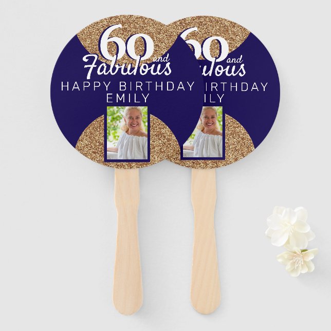 Leque 60 e Fabuloso Dourado Glitter 2 Foto 60º Aniversár (Frente e Verso)
