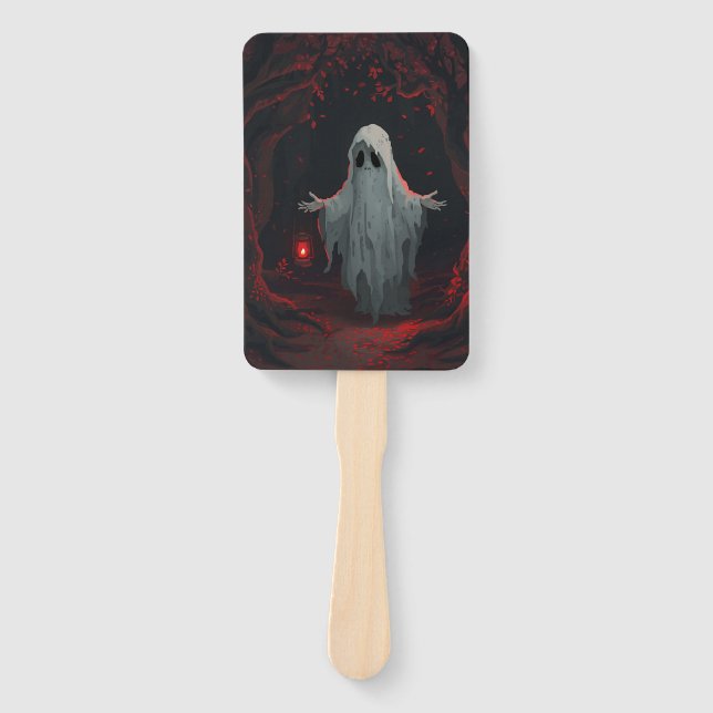 Leque A white ghost holding a red lantern with red leave (Frente)