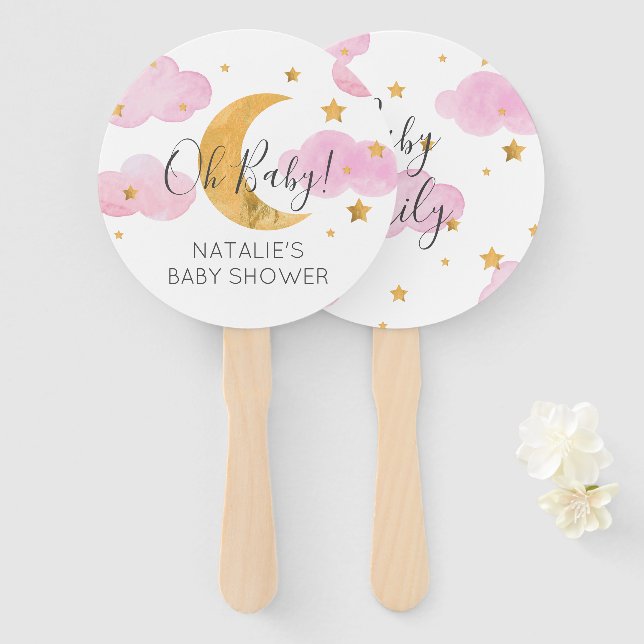 Leque Abanico Moon & Stars Pink Baby Shower (Frente e Verso)
