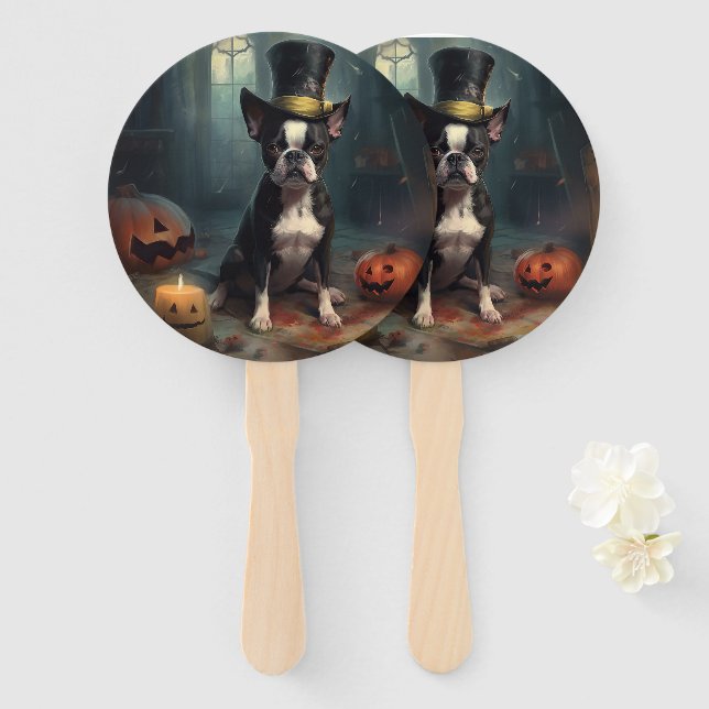 Leque Abóboras de Boston Terrier Halloween Assustador (Frente e Verso)