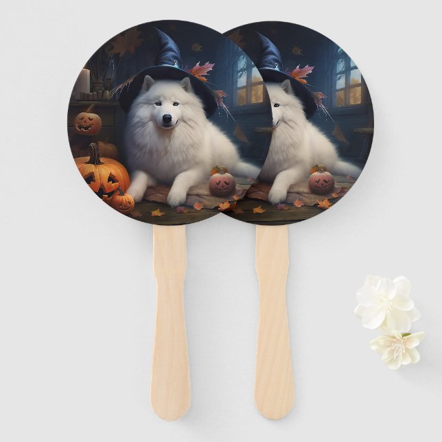 Leque Abóboras Samoyed Halloween Assustador (Frente e Verso)