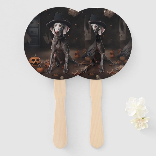Leque Abóboras Weimaraner Halloween Assustador (Frente e Verso)