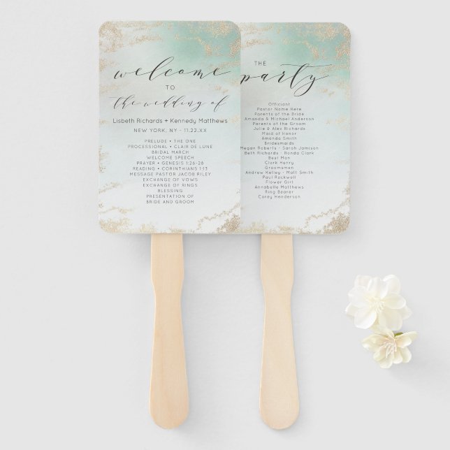 Leque Abstrato Aqua Ombre Fade com luz Dourada do Fosco (Frente e Verso)