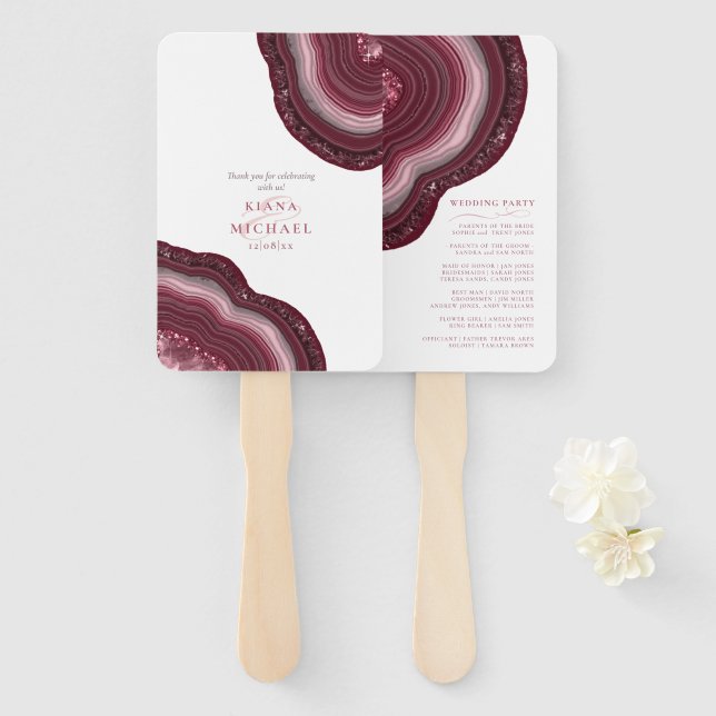 Leque Agate Geode Glitter Festa de casamento Burgundy ID (Frente e Verso)