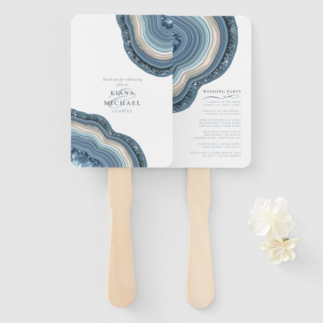 Leque Agate Geode Glitter Festa de casamento Dusty Blue  (Frente e Verso)