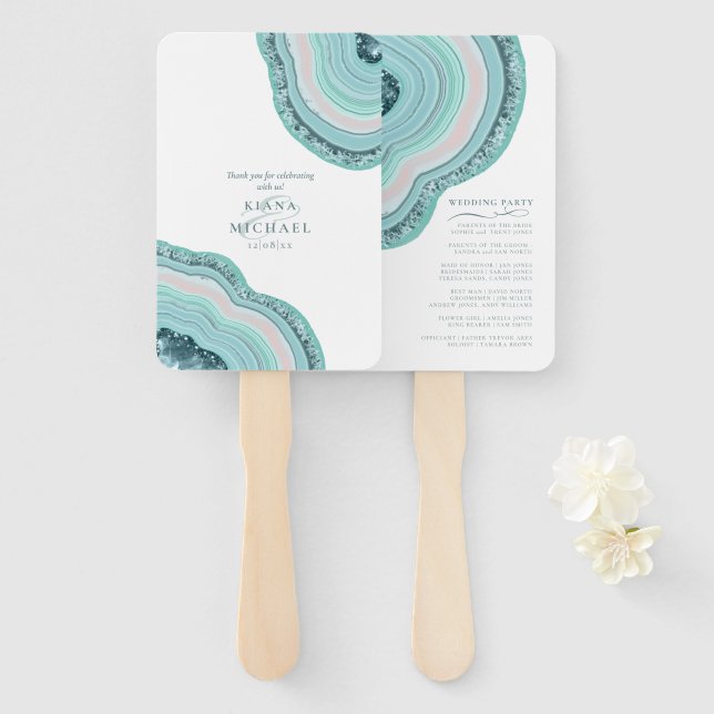 Leque Agate Geode Glitter Teal de Festa de casamento ID6 (Frente e Verso)