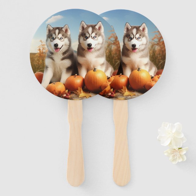 Leque Alaskan Malamute Puppy Autumn Delight Pumpkin (Frente e Verso)