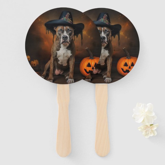 Leque American Staffordshire Pumpkins Halloween Scary (Frente e Verso)