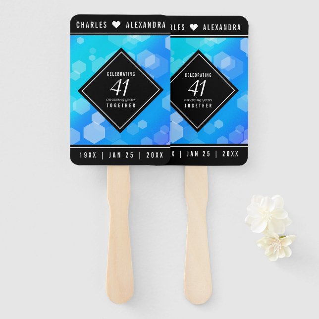 Leque Aniversário de Casamento de Topaz Azul Elegante 41 (Frente e Verso)