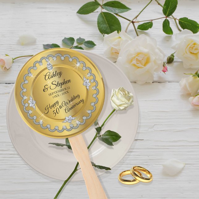 Leque Aniversário de Casamento dos Ouros Dourados Elegan (Elegant Faux Gold Diamonds 50th Wedding Anniversary Hand Fan)