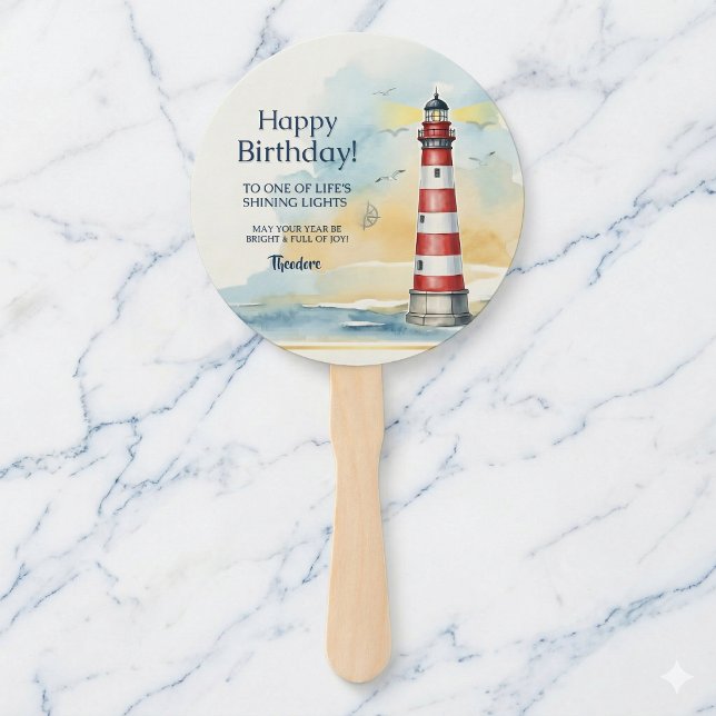 Leque Aniversário do Farol Luz Radiante (Keep your cool with a coastal birthday breeze.)
